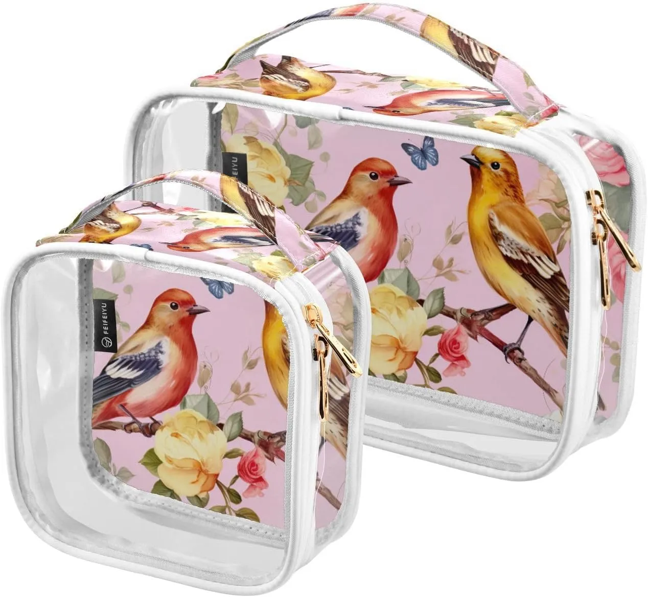 GAIGEO Birds and Roses Clear Cosmetic Bag Set, Clear Plastic Toiletry Bag, Ladies Toiletry Travel Bag, 2 Pack