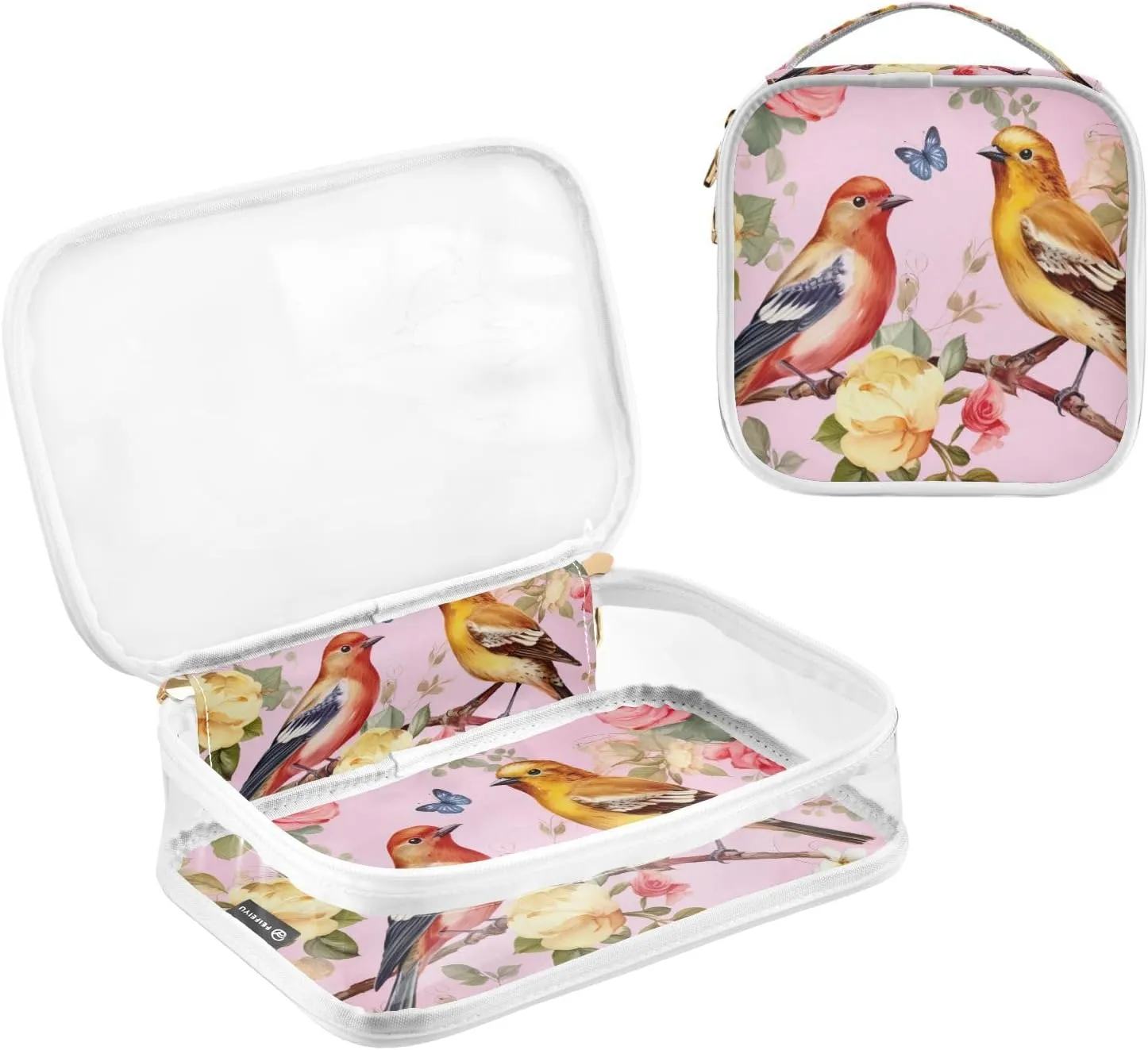 GAIGEO Birds and Roses Clear Cosmetic Bag Set, Clear Plastic Toiletry Bag, Ladies Toiletry Travel Bag, 2 Pack