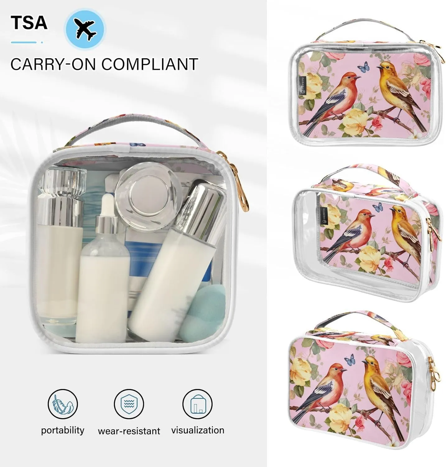 GAIGEO Birds and Roses Clear Cosmetic Bag Set, Clear Plastic Toiletry Bag, Ladies Toiletry Travel Bag, 2 Pack