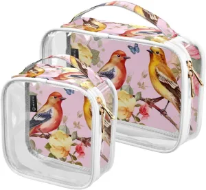 GAIGEO Birds and Roses Clear Cosmetic Bag Set, Clear Plastic Toiletry Bag, Ladies Toiletry Travel Bag, 2 Pack