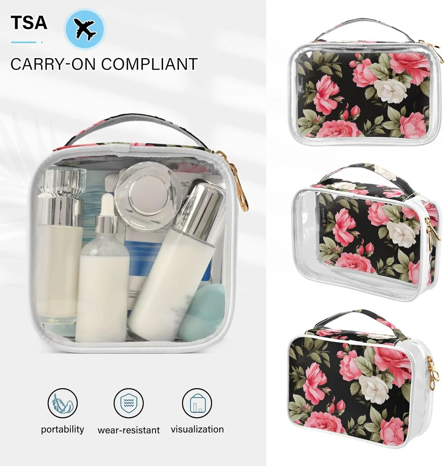 GAIGEO Pink Roses on Black 2 Pack Travel Transparent Bag, Clear 2 Zipper Cosmetic Bag, Clear Liquids Bag for Air Travel