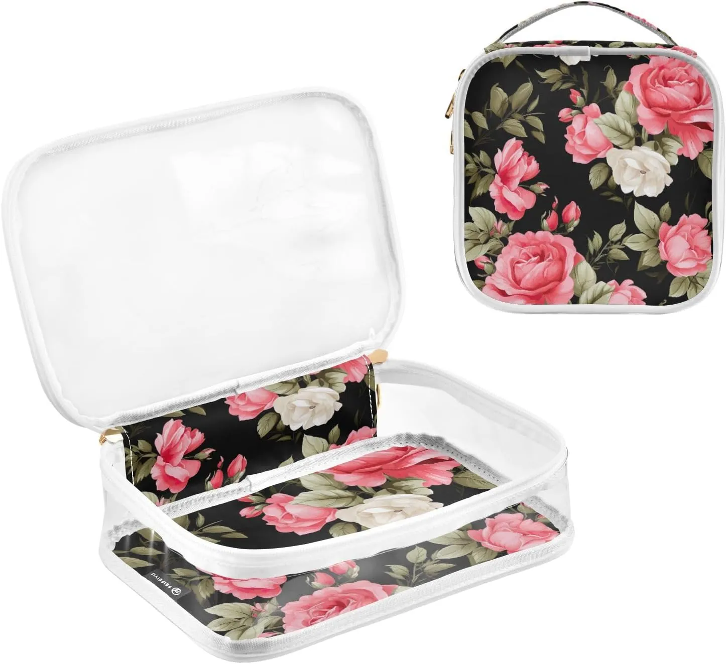 GAIGEO Pink Roses on Black 2 Pack Travel Transparent Bag, Clear 2 Zipper Cosmetic Bag, Clear Liquids Bag for Air Travel