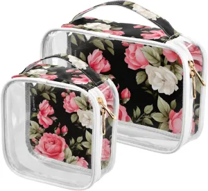 GAIGEO Pink Roses on Black 2 Pack Travel Transparent Bag, Clear 2 Zipper Cosmetic Bag, Clear Liquids Bag for Air Travel
