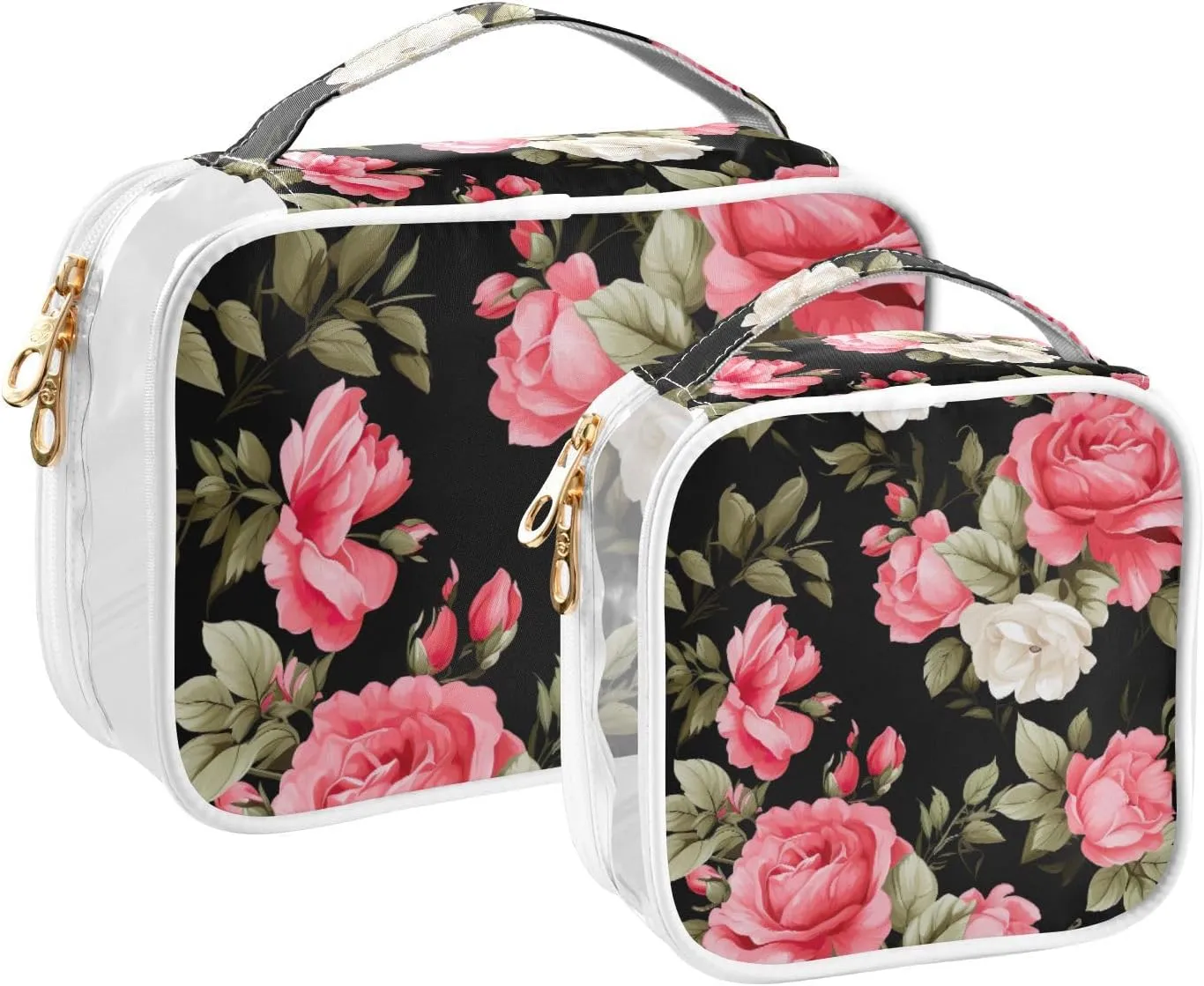 GAIGEO Pink Roses on Black 2 Pack Travel Transparent Bag, Clear 2 Zipper Cosmetic Bag, Clear Liquids Bag for Air Travel