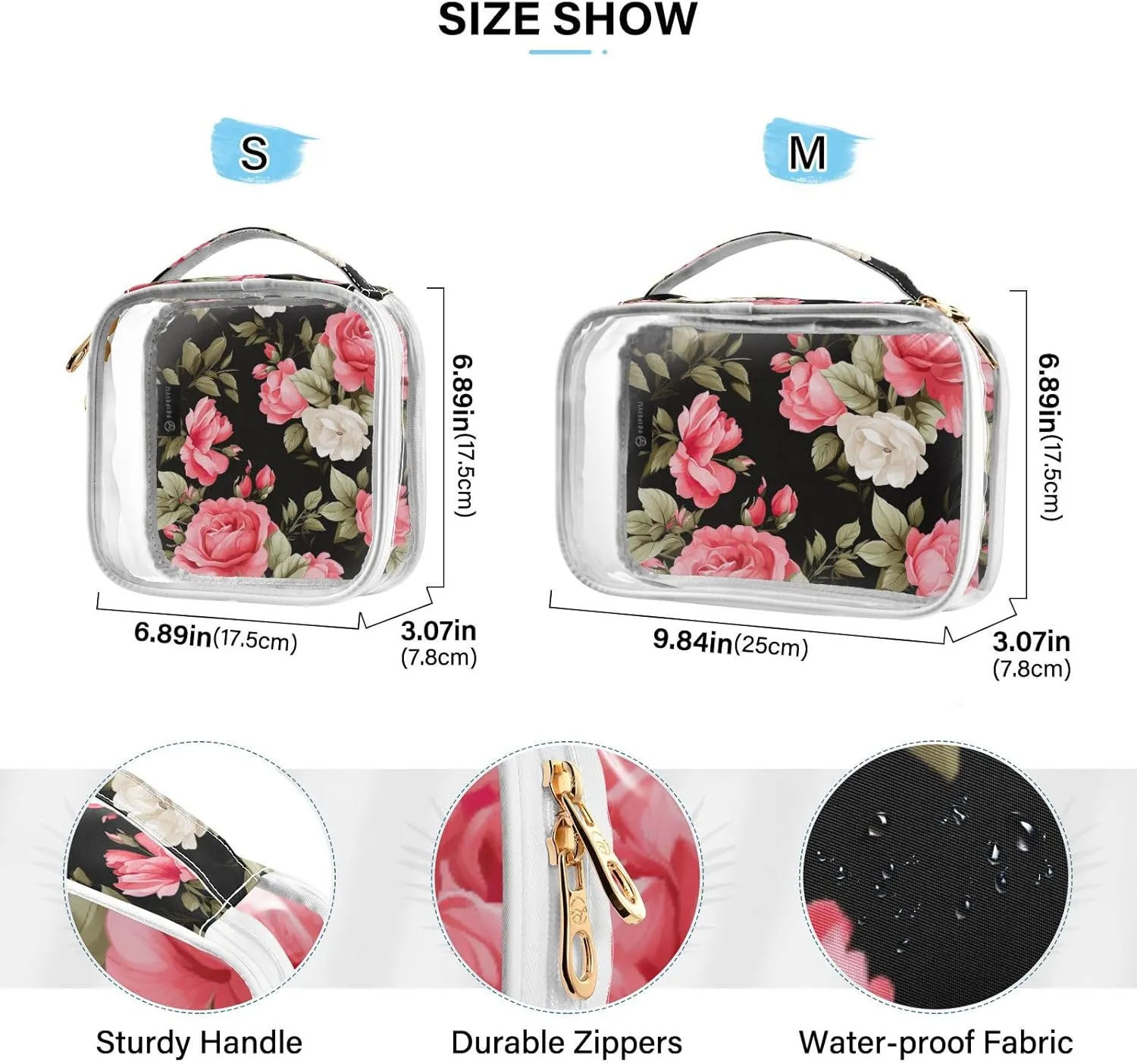 GAIGEO Pink Roses on Black 2 Pack Travel Transparent Bag, Clear 2 Zipper Cosmetic Bag, Clear Liquids Bag for Air Travel