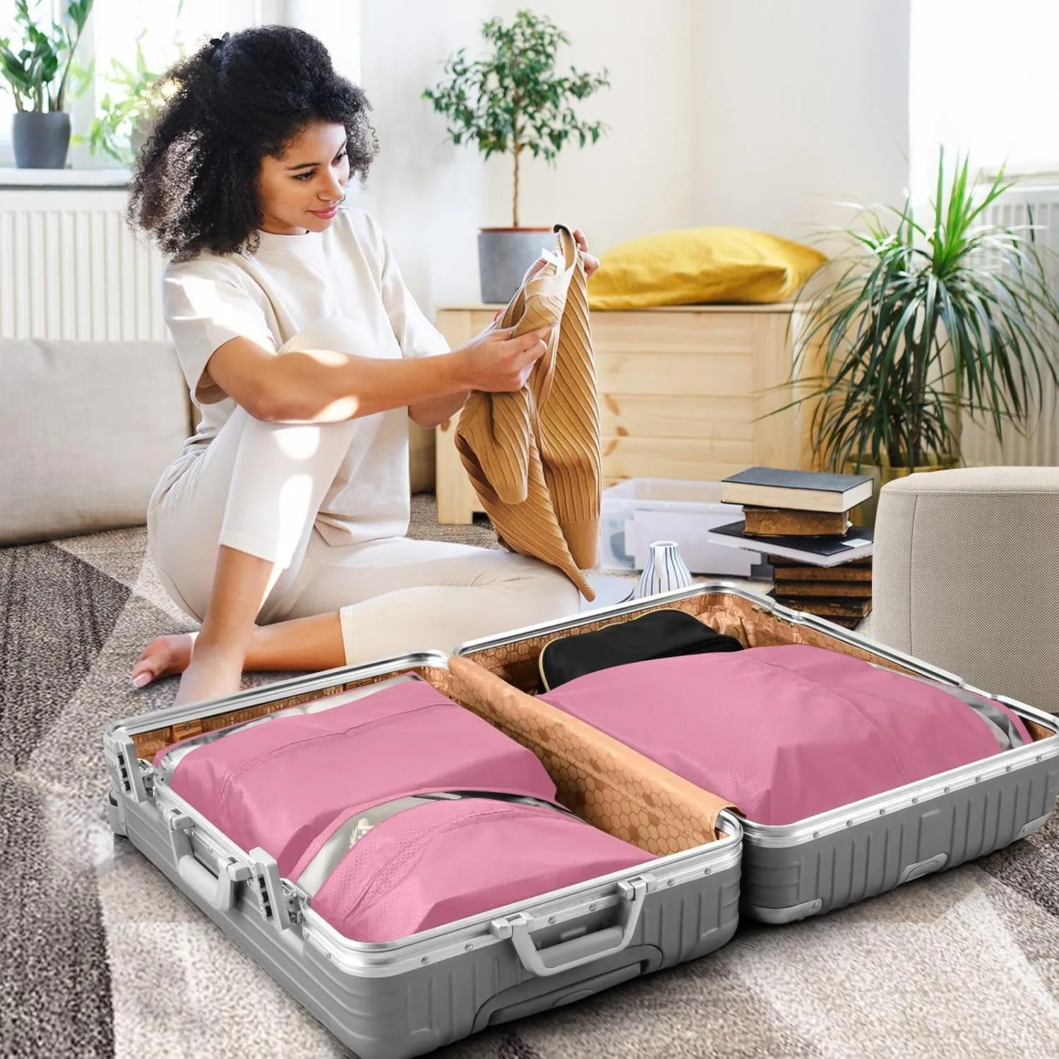 Garment Bag Closet Storage, Luggage Space Saver, Pale Violet Red, Waterproof, 3 Set Travel Packing Cubes For Suitcases, Luggages Management Personnel