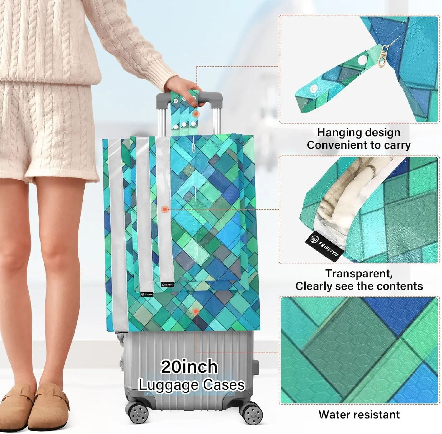 Garment Bag Closet Storage, Luggage Space Saver, Rhomboid Turquoise Green, Waterproof, 3 Set Travel Packing Cubes For Suitcases,Organizadores De Maletas Para