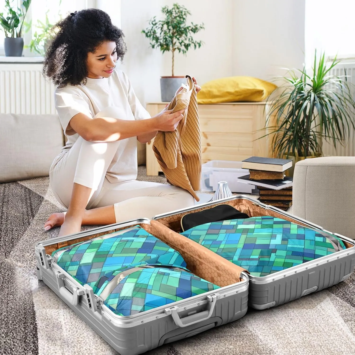 Garment Bag Closet Storage, Luggage Space Saver, Rhomboid Turquoise Green, Waterproof, 3 Set Travel Packing Cubes For Suitcases,Organizadores De Maletas Para