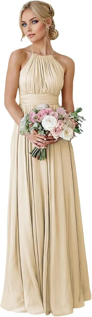 GATMAHE Bridesmaid Dresses Women's Halter Long Elegant Chiffon Formal Dress with Corset Back Evening Gown