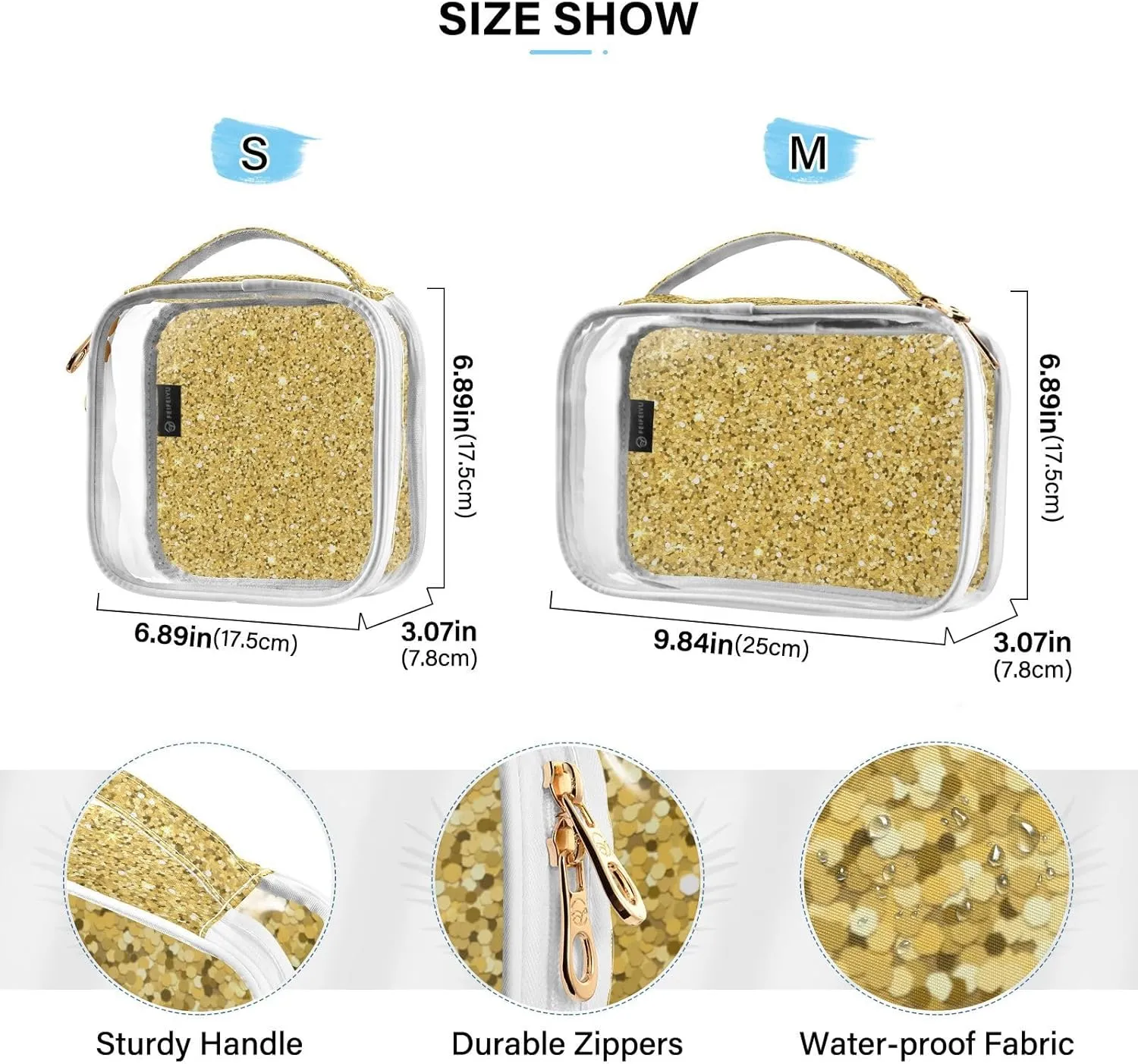 Gold Glitter Print Clear Makeup Bags TSA Approved Toiletry Bag for Women Men Cosmetic Bags with Zipper Carry On Airport Airline Compliant Bag Quart PVC Travel Bags for Toiletries Accessories, 2 Pack