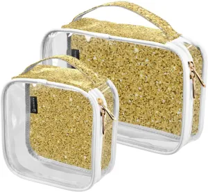 Gold Glitter Print Clear Makeup Bags TSA Approved Toiletry Bag for Women Men Cosmetic Bags with Zipper Carry On Airport Airline Compliant Bag Quart PVC Travel Bags for Toiletries Accessories, 2 Pack
