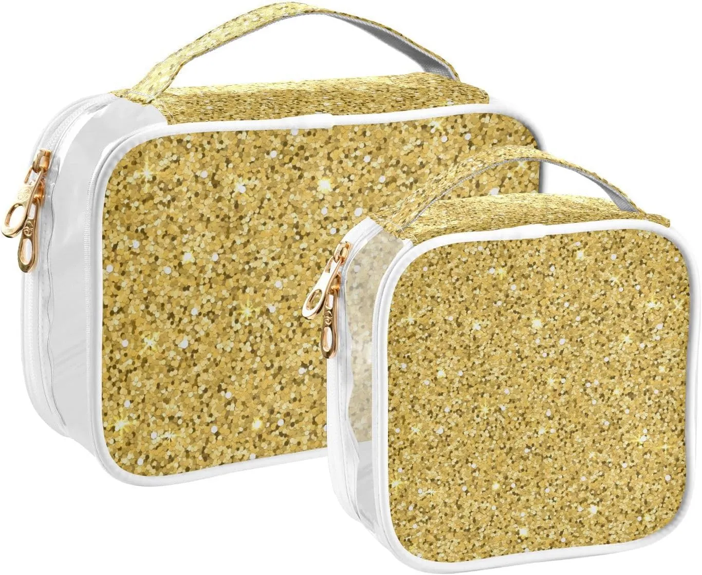 Gold Glitter Print Clear Makeup Bags TSA Approved Toiletry Bag for Women Men Cosmetic Bags with Zipper Carry On Airport Airline Compliant Bag Quart PVC Travel Bags for Toiletries Accessories, 2 Pack