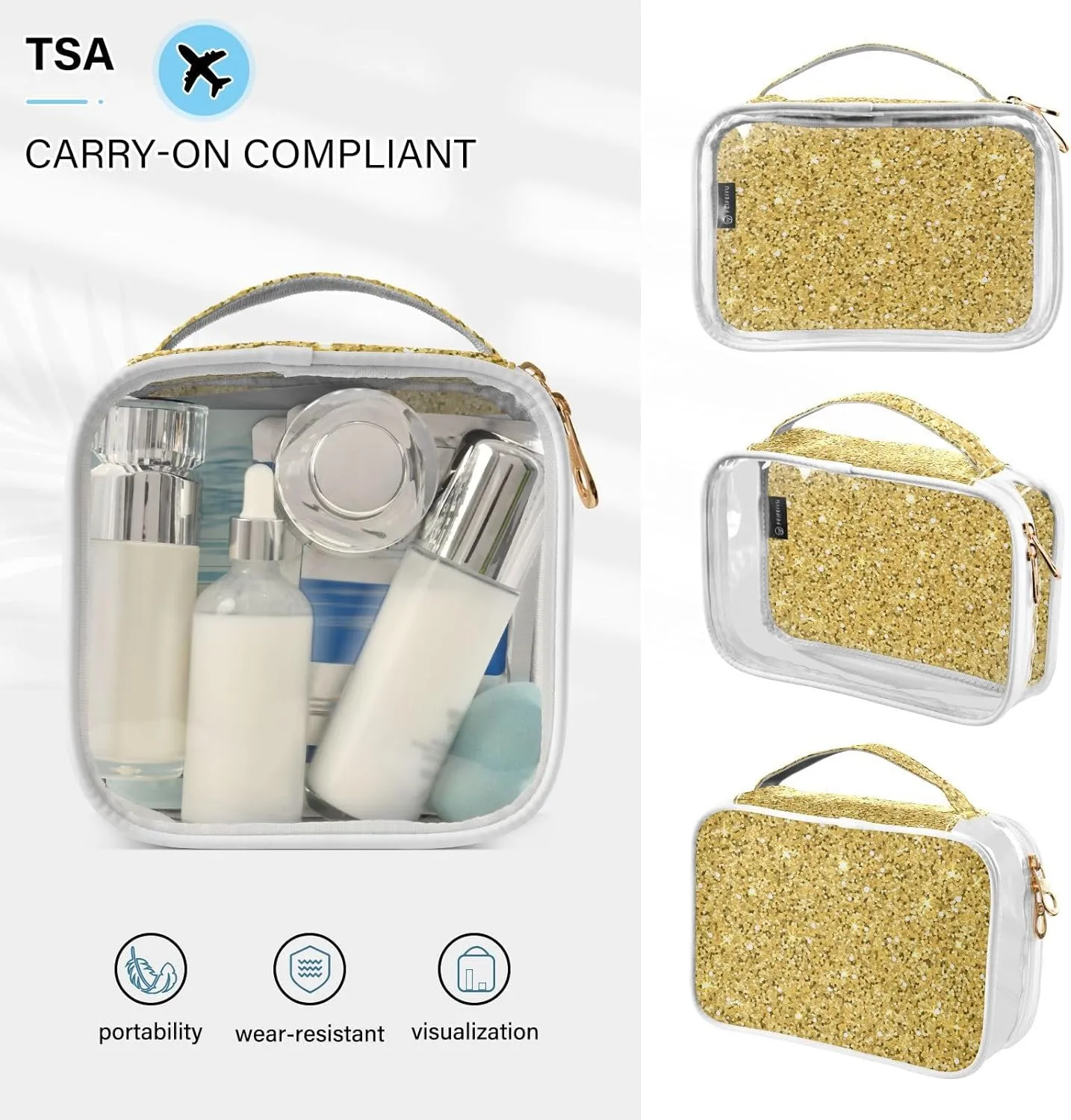 Gold Glitter Print Clear Makeup Bags TSA Approved Toiletry Bag for Women Men Cosmetic Bags with Zipper Carry On Airport Airline Compliant Bag Quart PVC Travel Bags for Toiletries Accessories, 2 Pack