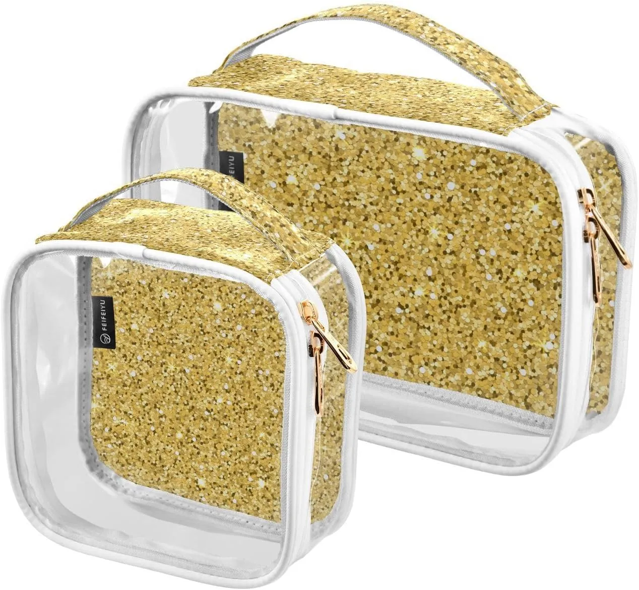 Gold Glitter Print Clear Makeup Bags TSA Approved Toiletry Bag for Women Men Cosmetic Bags with Zipper Carry On Airport Airline Compliant Bag Quart PVC Travel Bags for Toiletries Accessories, 2 Pack