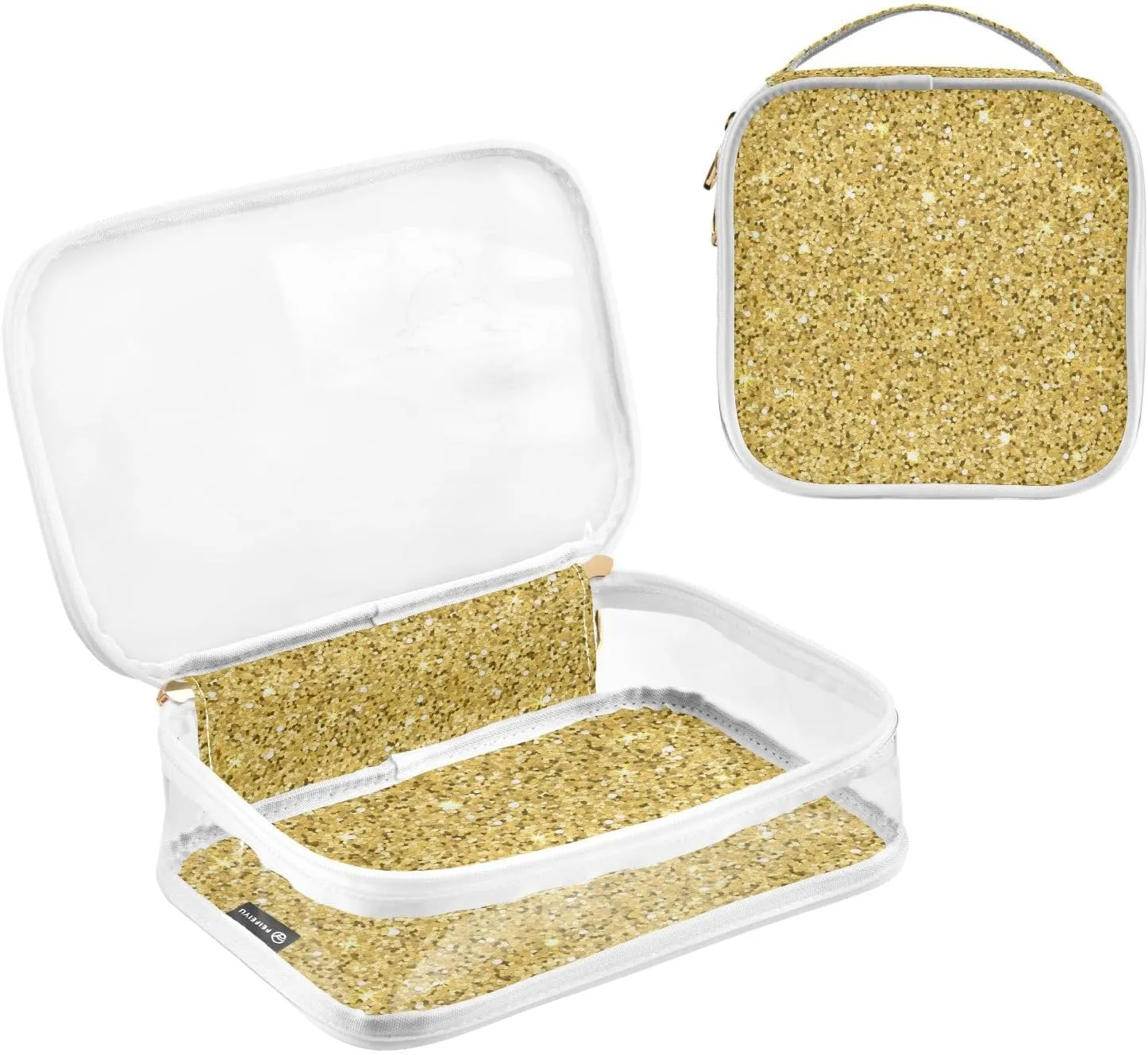 Gold Glitter Print Clear Makeup Bags TSA Approved Toiletry Bag for Women Men Cosmetic Bags with Zipper Carry On Airport Airline Compliant Bag Quart PVC Travel Bags for Toiletries Accessories, 2 Pack
