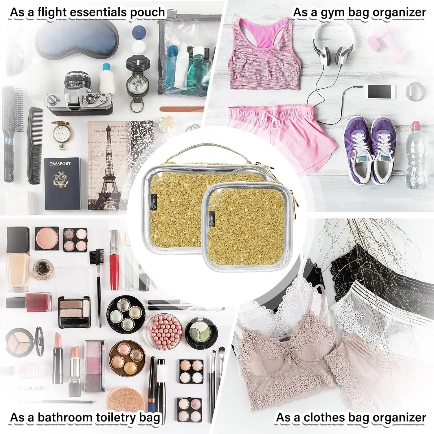Gold Glitter Print Clear Makeup Bags TSA Approved Toiletry Bag for Women Men Cosmetic Bags with Zipper Carry On Airport Airline Compliant Bag Quart PVC Travel Bags for Toiletries Accessories, 2 Pack