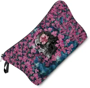 Gothic Floral Skull Cosmetic Bag Cute Small Toiletry Organizer Zipper Pouch Pink Floral Skull Halloween Birthday Present for Gothic Fans Women Friends