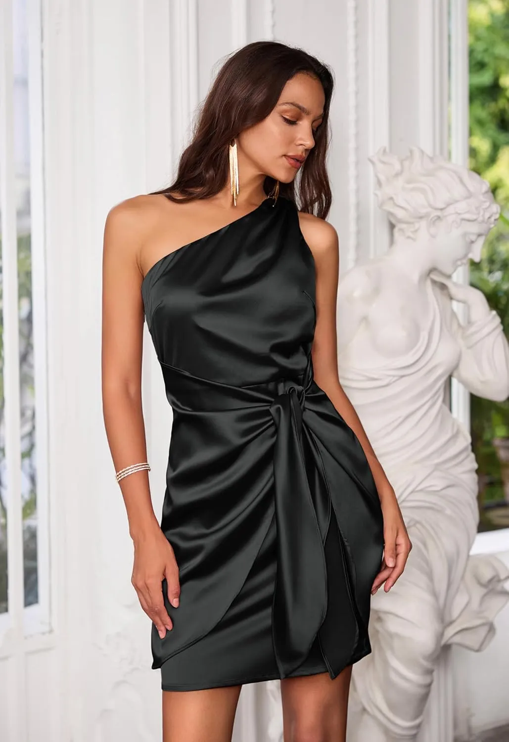 GRACE KARIN 2025 Women Satin Dress Cocktail One Shoulder Sleeveless Tie Waist Party Mini Dresses