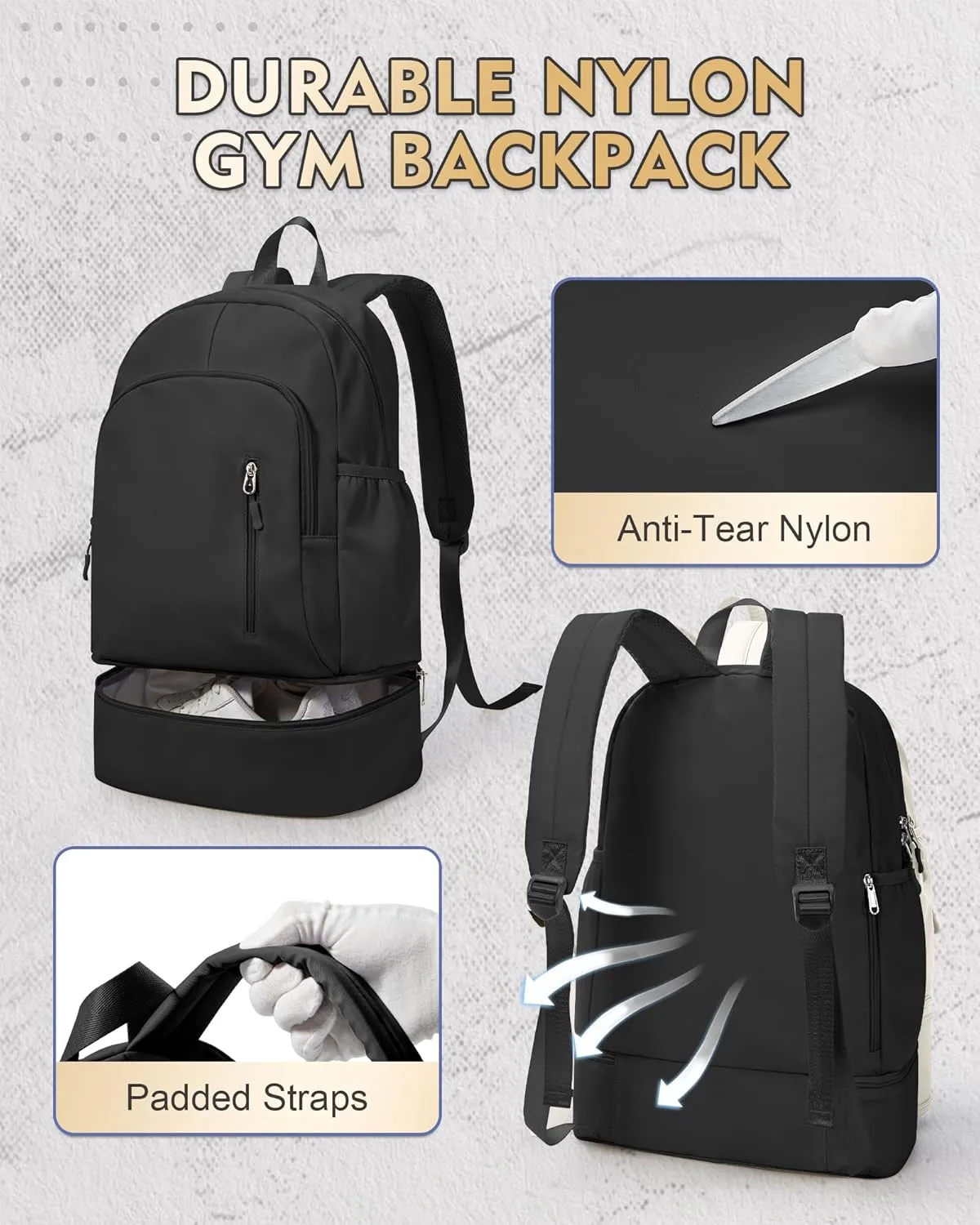 Gym Backpack for Women Men, Lightweight Gym Bag with Shoe Compartment, Waterproof Sports Backpack with Wet Pocket, Black