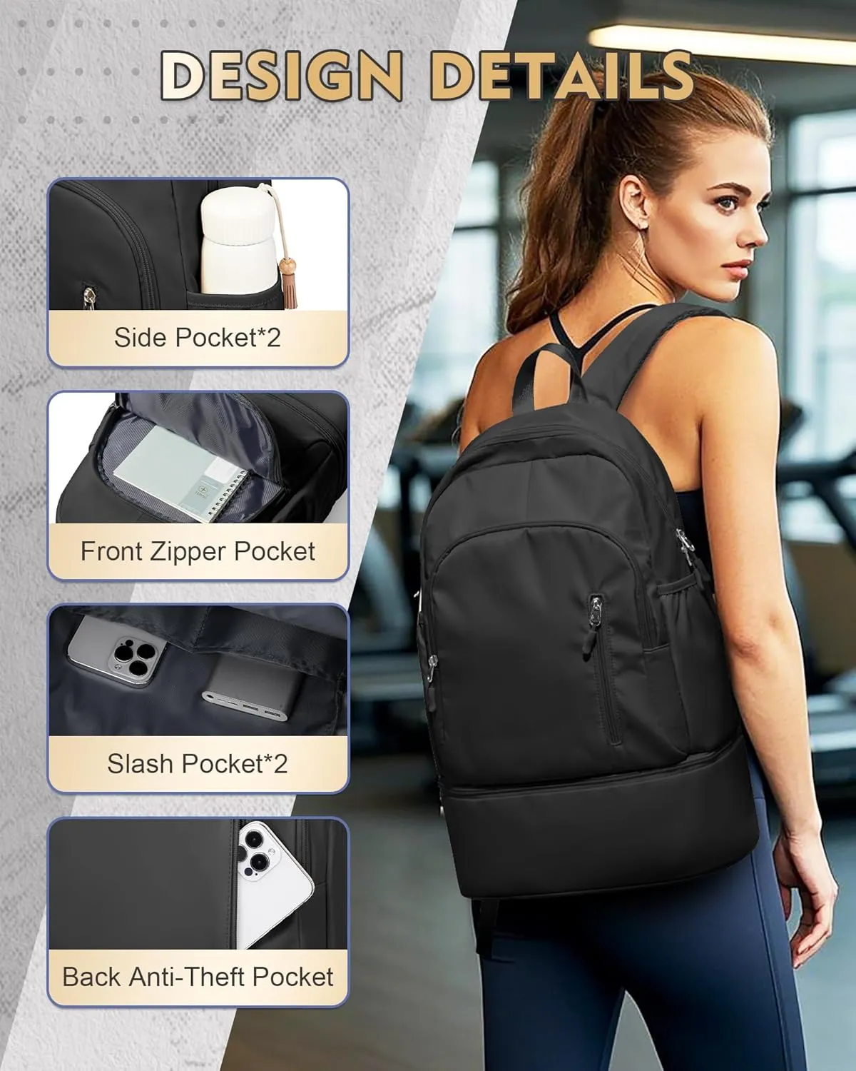 Gym Backpack for Women Men, Lightweight Gym Bag with Shoe Compartment, Waterproof Sports Backpack with Wet Pocket, Black