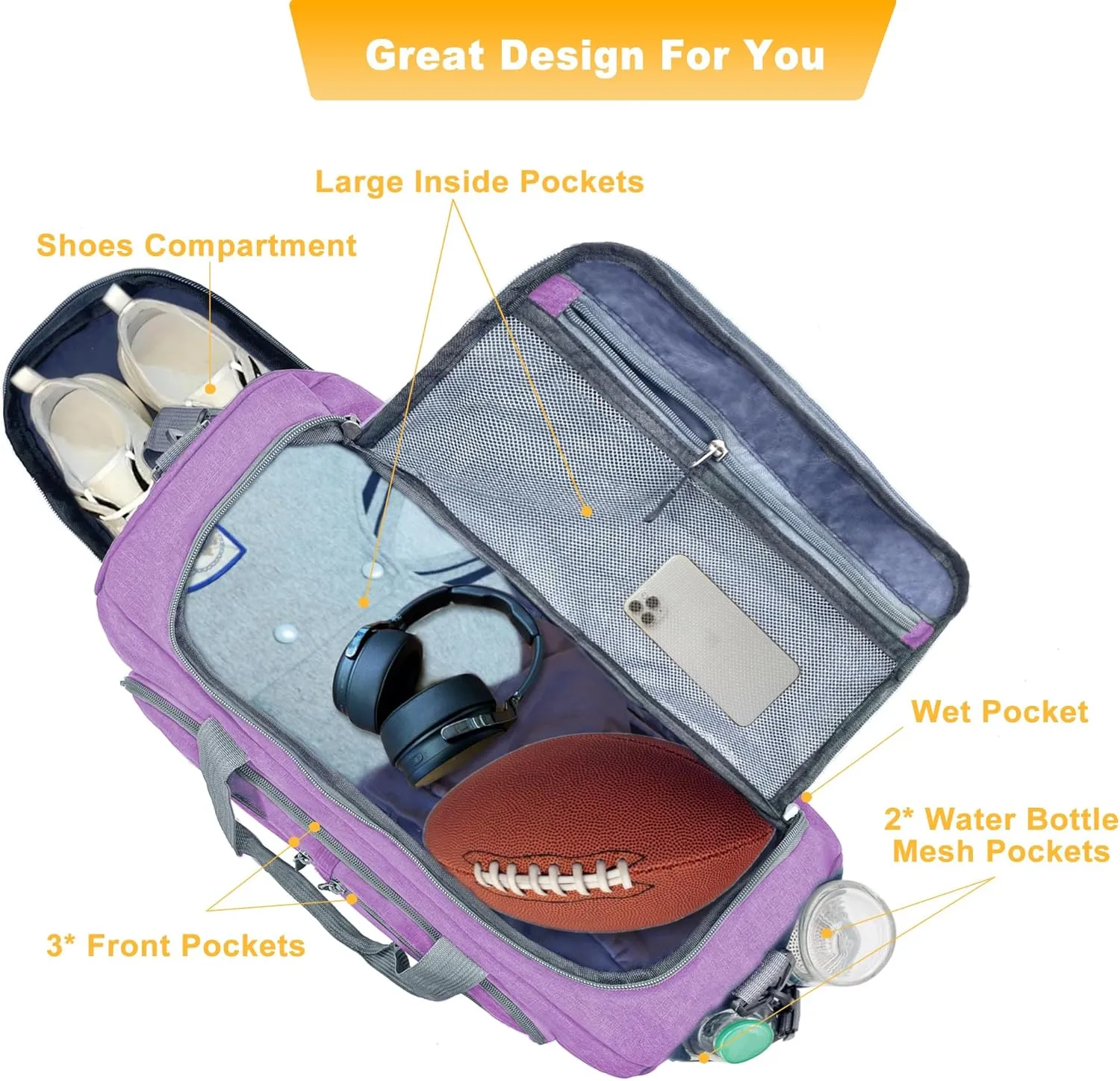 Gym Bag for Men & Women with Shoe & Wet Compartment, 30L Small Duffle Bag for Travel, Sports, Workout, Fitness, Weekender&Overnight(Purple)
