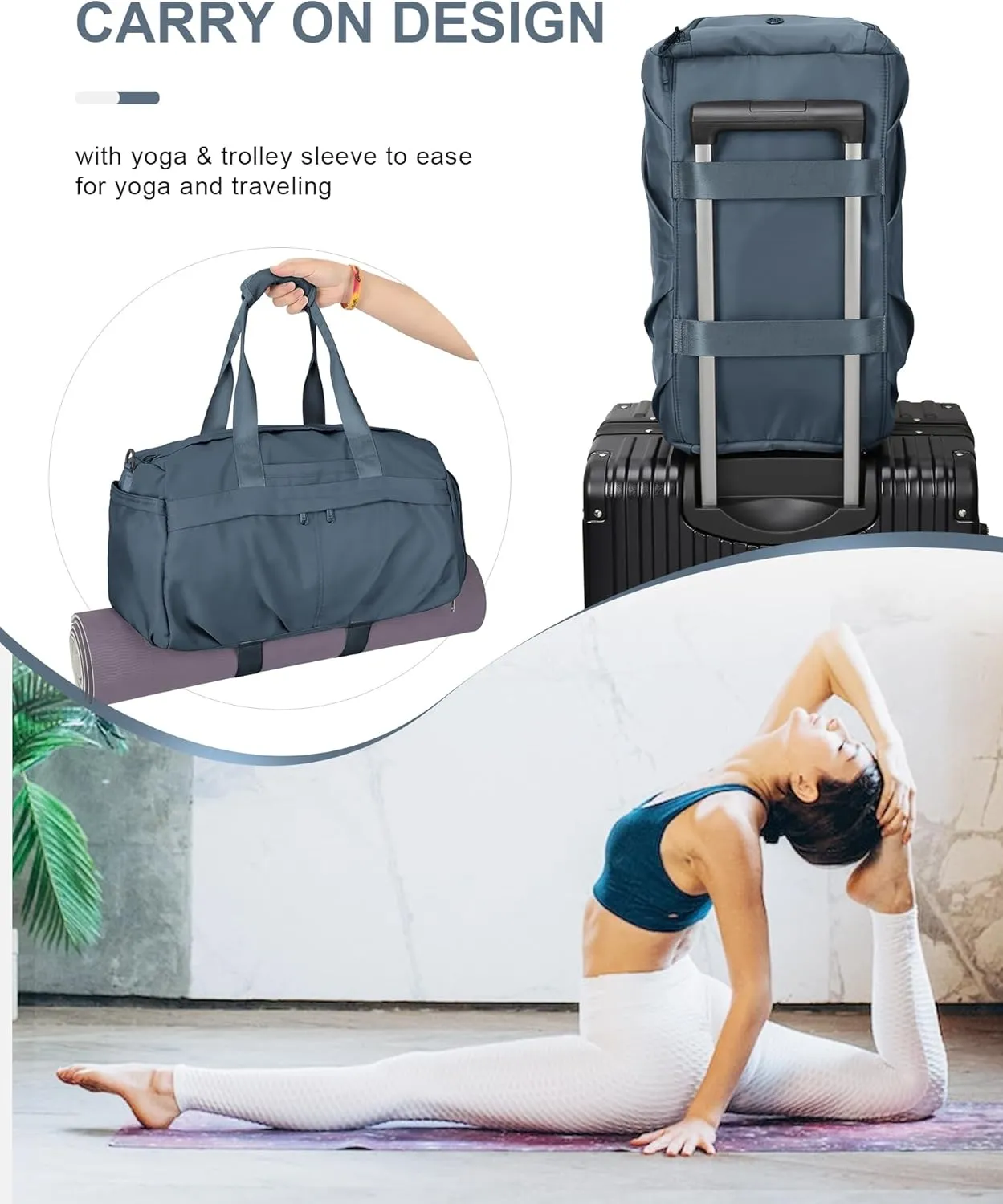 Gym Bag for Women Men with Shoe Compartment, Sport Duffel Bag, Waterproof Travel Weekender Overnight Carry on Bag for Yoga with Trolley Sleeve, Jewel Blue