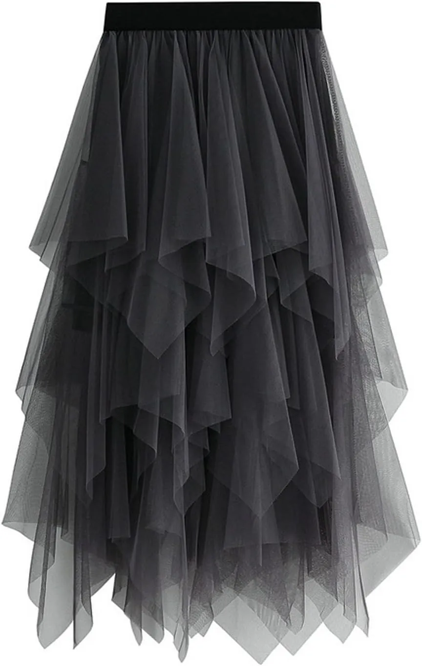 High Waisted Skirts for Women Elegant Peplum Sheer Mesh Bohemian Midi Length Flowy Skirt Petal-Like Layered