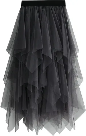 High Waisted Skirts for Women Elegant Peplum Sheer Mesh Bohemian Midi Length Flowy Skirt Petal-Like Layered