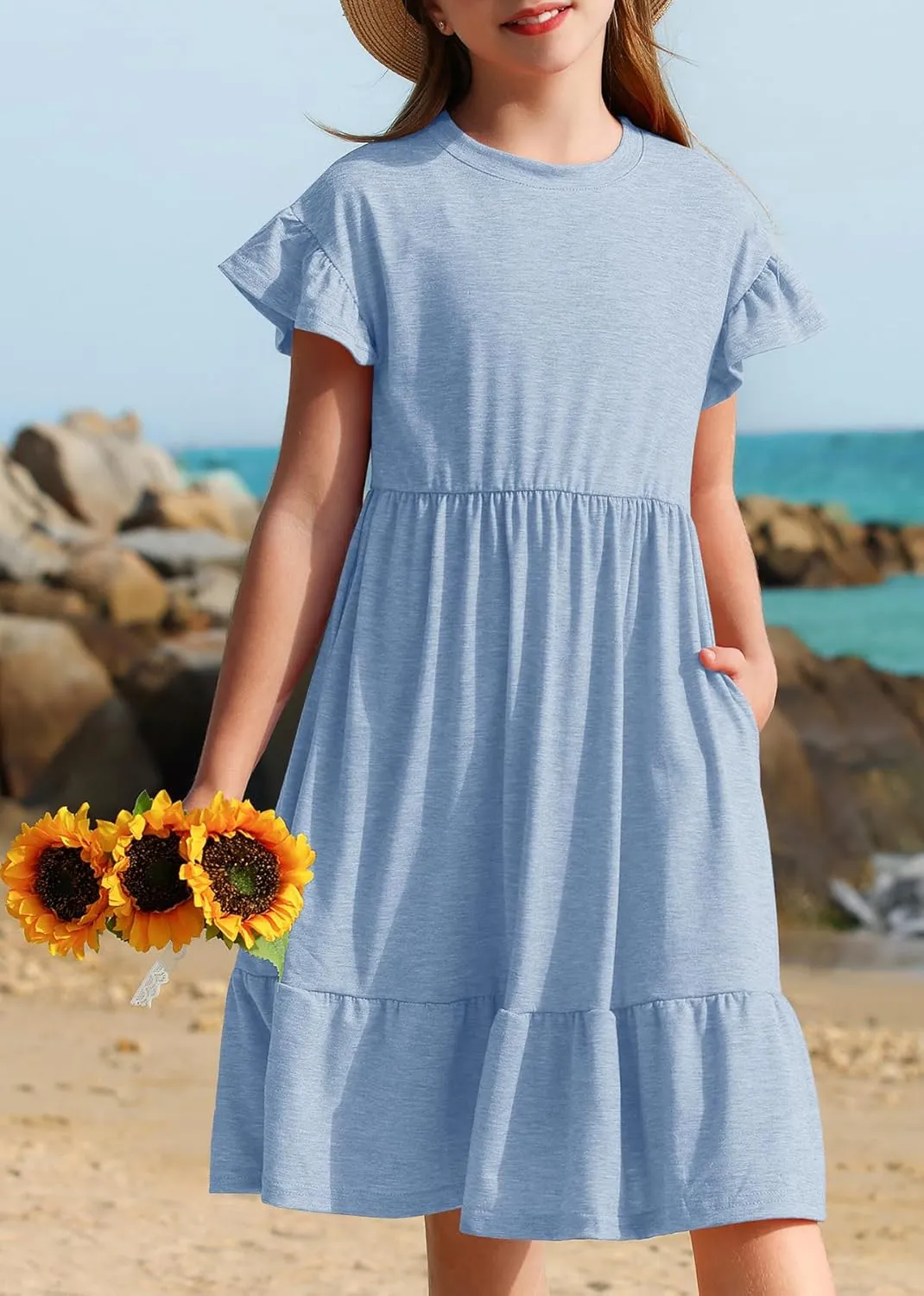 HOSIKA Girls Summer Dress Short Sleeve A-Line Ruffle Tiered Casual Dress with Pockets for 6-12 Years