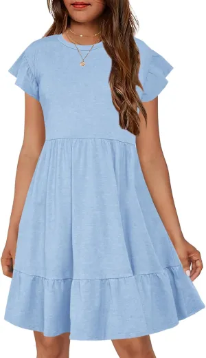HOSIKA Girls Summer Dress Short Sleeve A-Line Ruffle Tiered Casual Dress with Pockets for 6-12 Years