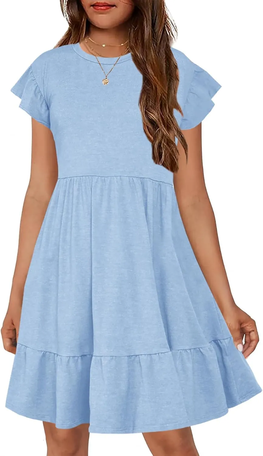 HOSIKA Girls Summer Dress Short Sleeve A-Line Ruffle Tiered Casual Dress with Pockets for 6-12 Years