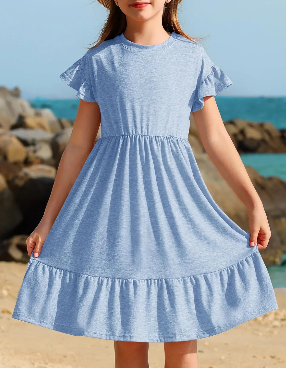 HOSIKA Girls Summer Dress Short Sleeve A-Line Ruffle Tiered Casual Dress with Pockets for 6-12 Years