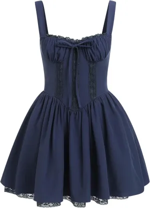 IBTOM CASTLE Corset Mini Dress for Women: Ladeis Sexy Boho Summer Floral Dress Sleeveless Spaghetti Straps Backless Dress Lace Up Sundress Cottagecore Ruffle Short Beach Bustier Dresses Navy Blue XL