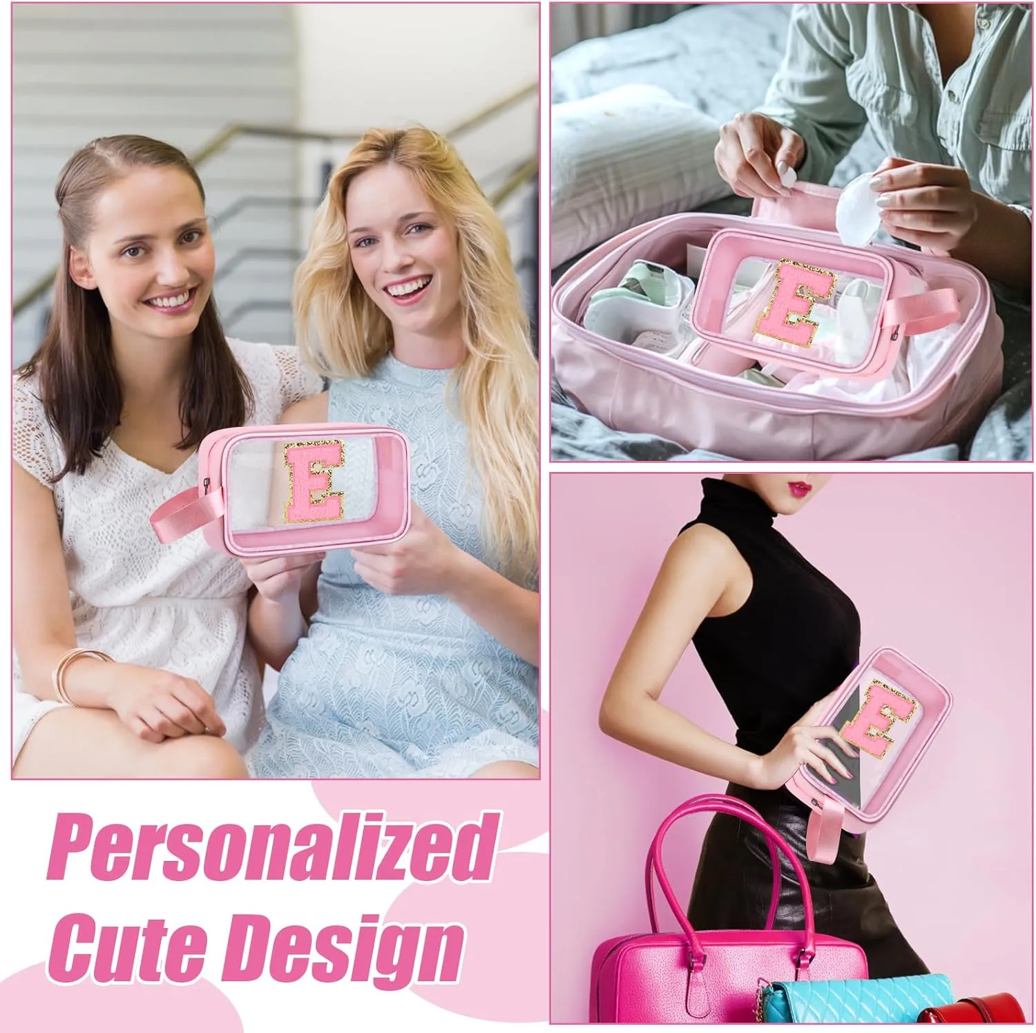 Initial Makeup Bag,Letter E Cute Clear Monogrammed Cosmetic Travel Bag for Womens Girls,Personalized Pink Aesthetic Traveling Make Up Organizer Bag for Beach,Waterproof Toiletry Bag