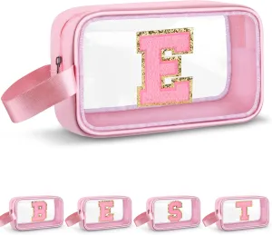 Initial Makeup Bag,Letter E Cute Clear Monogrammed Cosmetic Travel Bag for Womens Girls,Personalized Pink Aesthetic Traveling Make Up Organizer Bag for Beach,Waterproof Toiletry Bag