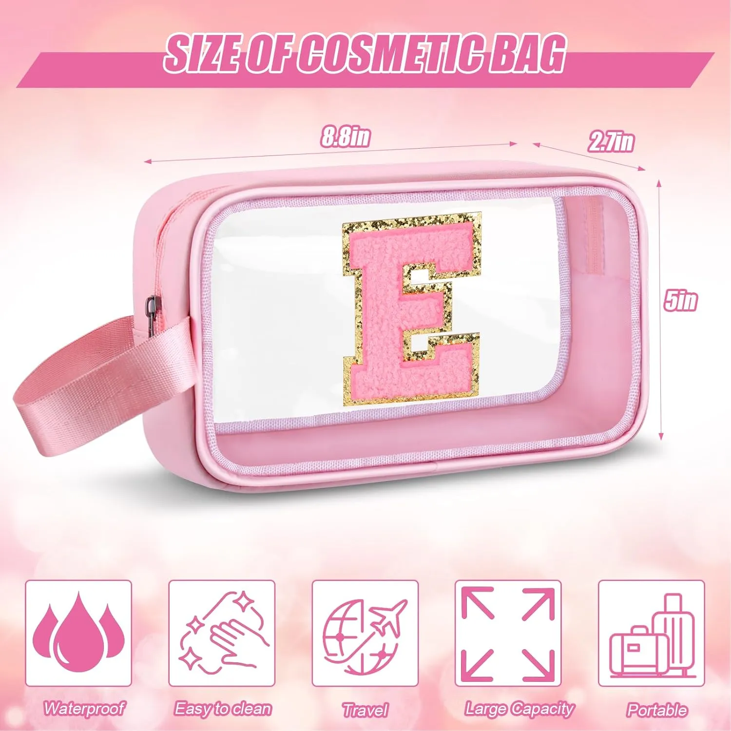 Initial Makeup Bag,Letter E Cute Clear Monogrammed Cosmetic Travel Bag for Womens Girls,Personalized Pink Aesthetic Traveling Make Up Organizer Bag for Beach,Waterproof Toiletry Bag