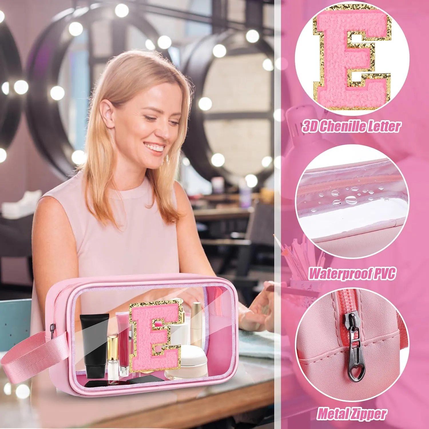 Initial Makeup Bag,Letter E Cute Clear Monogrammed Cosmetic Travel Bag for Womens Girls,Personalized Pink Aesthetic Traveling Make Up Organizer Bag for Beach,Waterproof Toiletry Bag