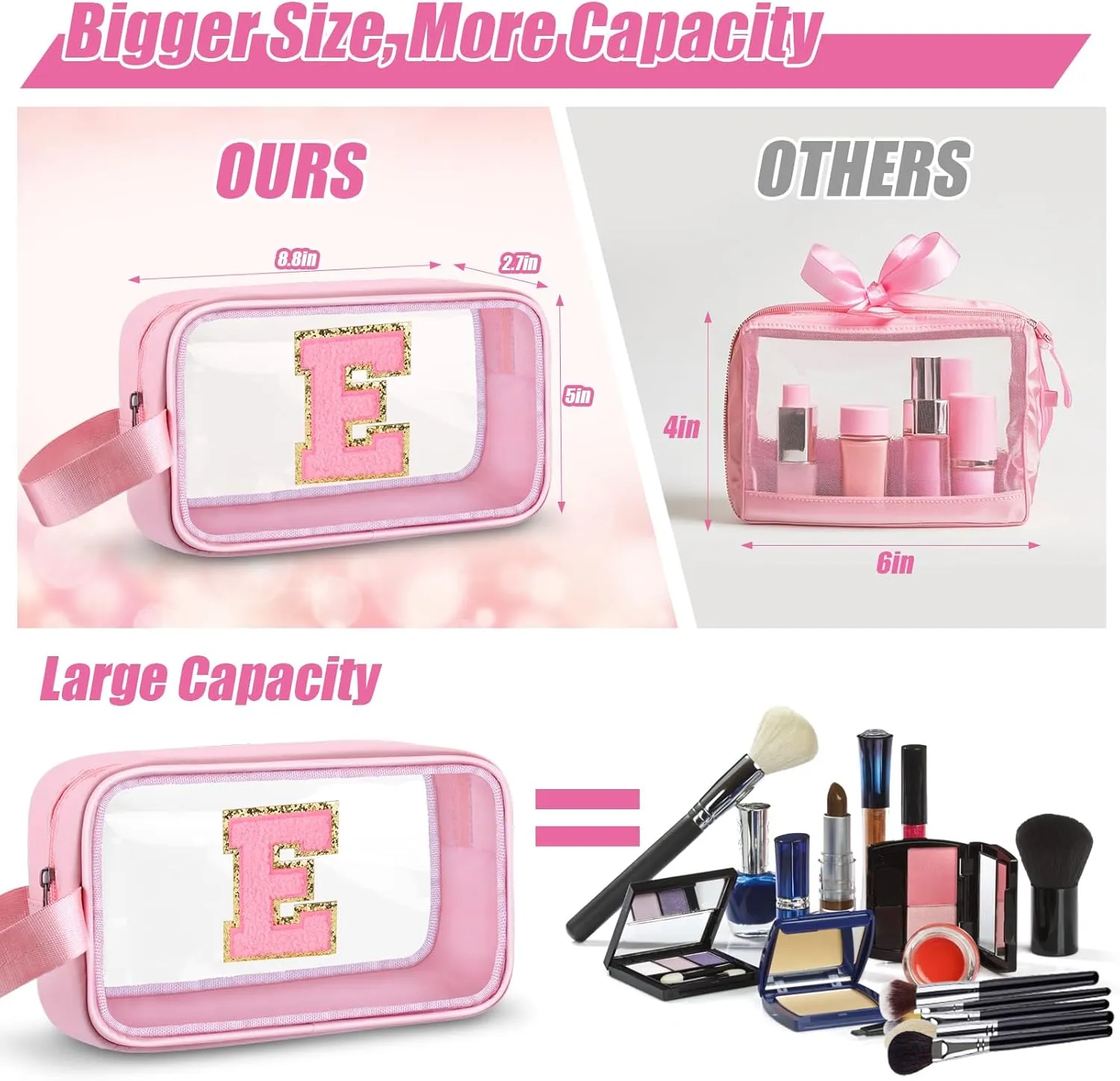 Initial Makeup Bag,Letter E Cute Clear Monogrammed Cosmetic Travel Bag for Womens Girls,Personalized Pink Aesthetic Traveling Make Up Organizer Bag for Beach,Waterproof Toiletry Bag