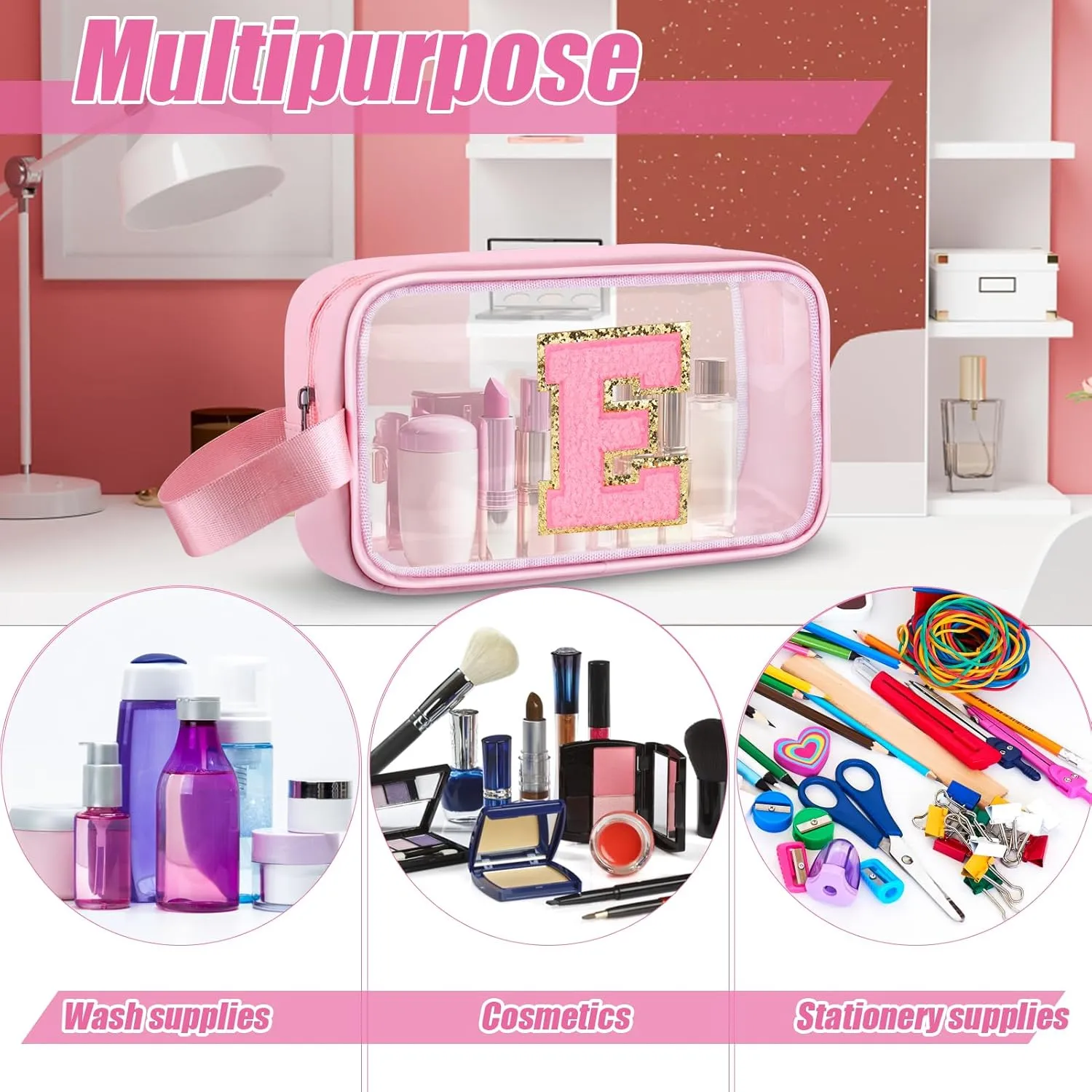 Initial Makeup Bag,Letter E Cute Clear Monogrammed Cosmetic Travel Bag for Womens Girls,Personalized Pink Aesthetic Traveling Make Up Organizer Bag for Beach,Waterproof Toiletry Bag