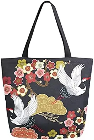 Japanese White Pattern Large Canvas Tote Bag Heavy Duty Grocery Bag, Cherry Blossoms Colorful Women Casual Shoulder Bag Pocket Reusable Handbags for Travel Beach School Nursing Gift