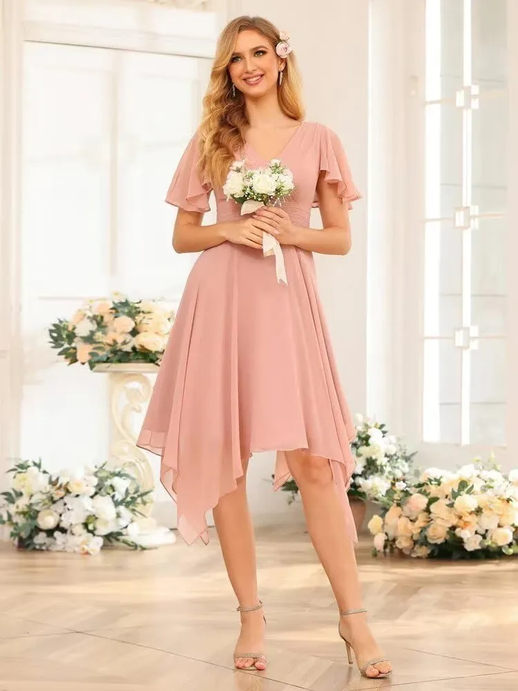 Jingguo'er Ruffle Sleeves Bridesmaid Dresses 2025 V-Neck Chiffon Short Formal Wedding Evening Party Gowns for Women
