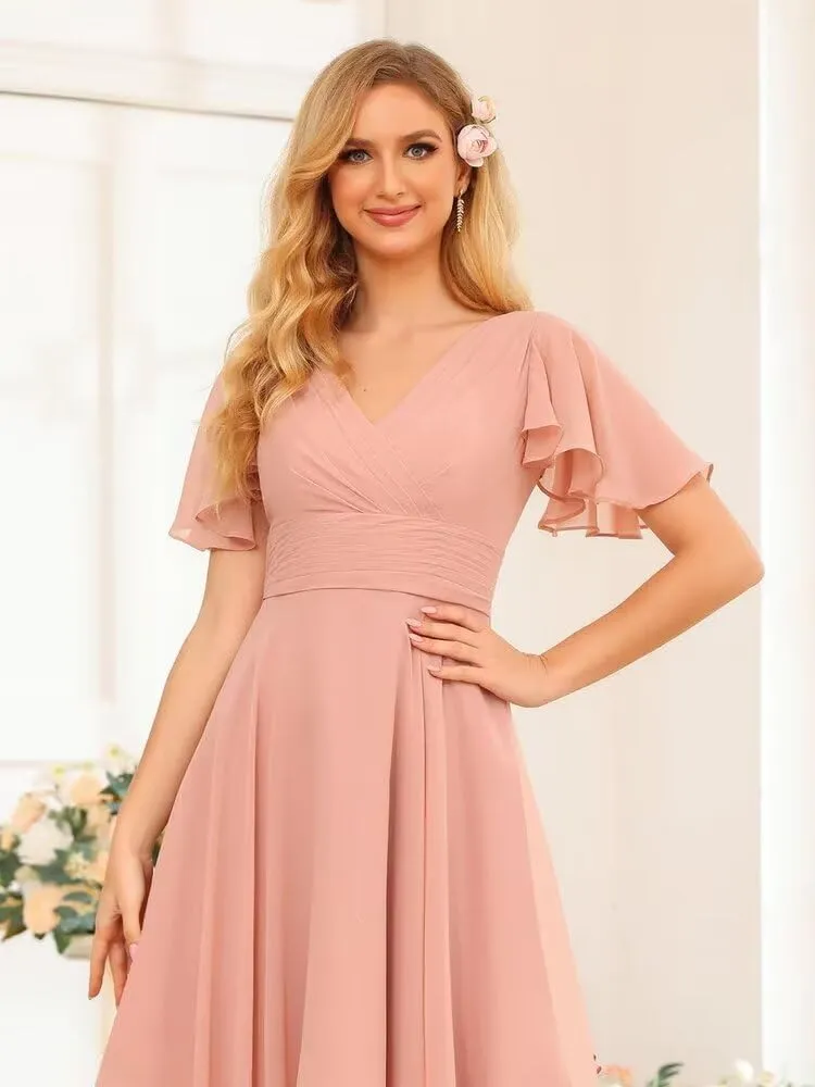 Jingguo'er Ruffle Sleeves Bridesmaid Dresses 2025 V-Neck Chiffon Short Formal Wedding Evening Party Gowns for Women