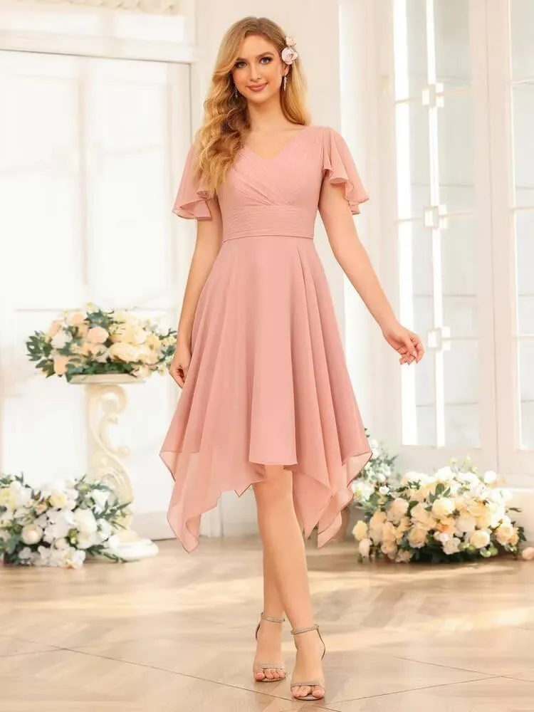 Jingguo'er Ruffle Sleeves Bridesmaid Dresses 2025 V-Neck Chiffon Short Formal Wedding Evening Party Gowns for Women