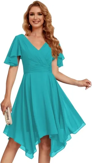 Jingguo'er Ruffle Sleeves Bridesmaid Dresses 2025 V-Neck Chiffon Short Formal Wedding Evening Party Gowns for Women