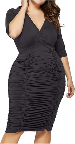 JOAU Women's Plus Size Bodycon Sexy Wrap V Neck Dress Elegant Short Sleeve Ruched Wedding Guest Cocktail Party Midi Dresses