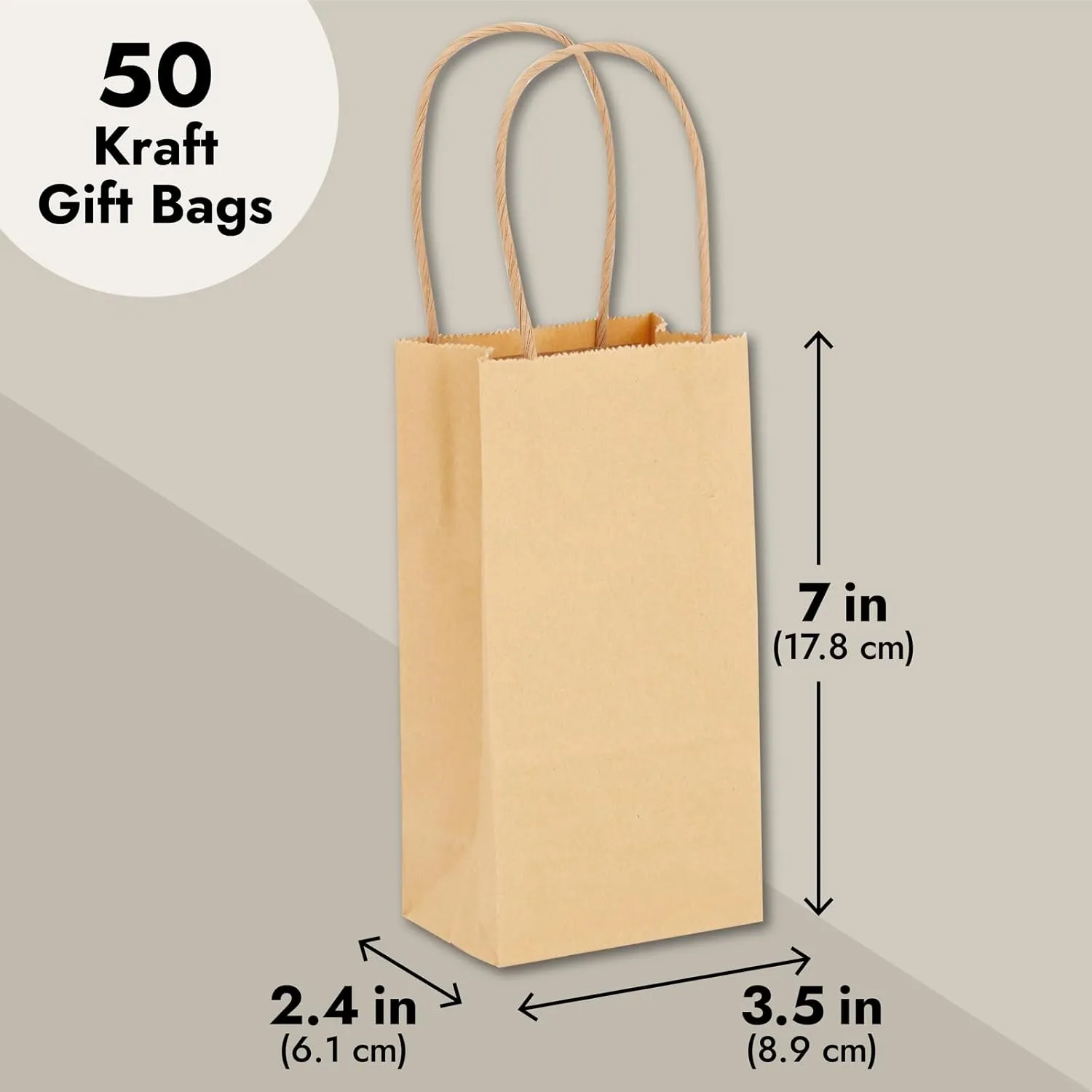 Juvale 50-Pack Small Brown Gift Bags with Handles - Small Kraft Paper Bags for Birthday, Retail, Crafts (3.5x2.4x7 In)