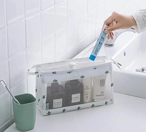 JZ 2 pieces Portable Toiletry Bag,Mesh Shower Bag,hanging wash bag for travelling,Makeup Bag Mesh Sacchetto cosmetico Travel Wash Bag With Zipper for women man Girls boy - White Cactus