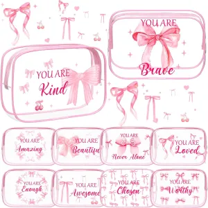 Kacctyen 10 Pcs Clear Pink Bow Makeup Bag 7 x 4.7 x 2.4'' Inspirational Coquette Stuff Cosmetic Bag Bulk Positive Affirmations Pink Bow Toiletry Pouch Waterproof PVC for Girls Women Nurse Team Bestie