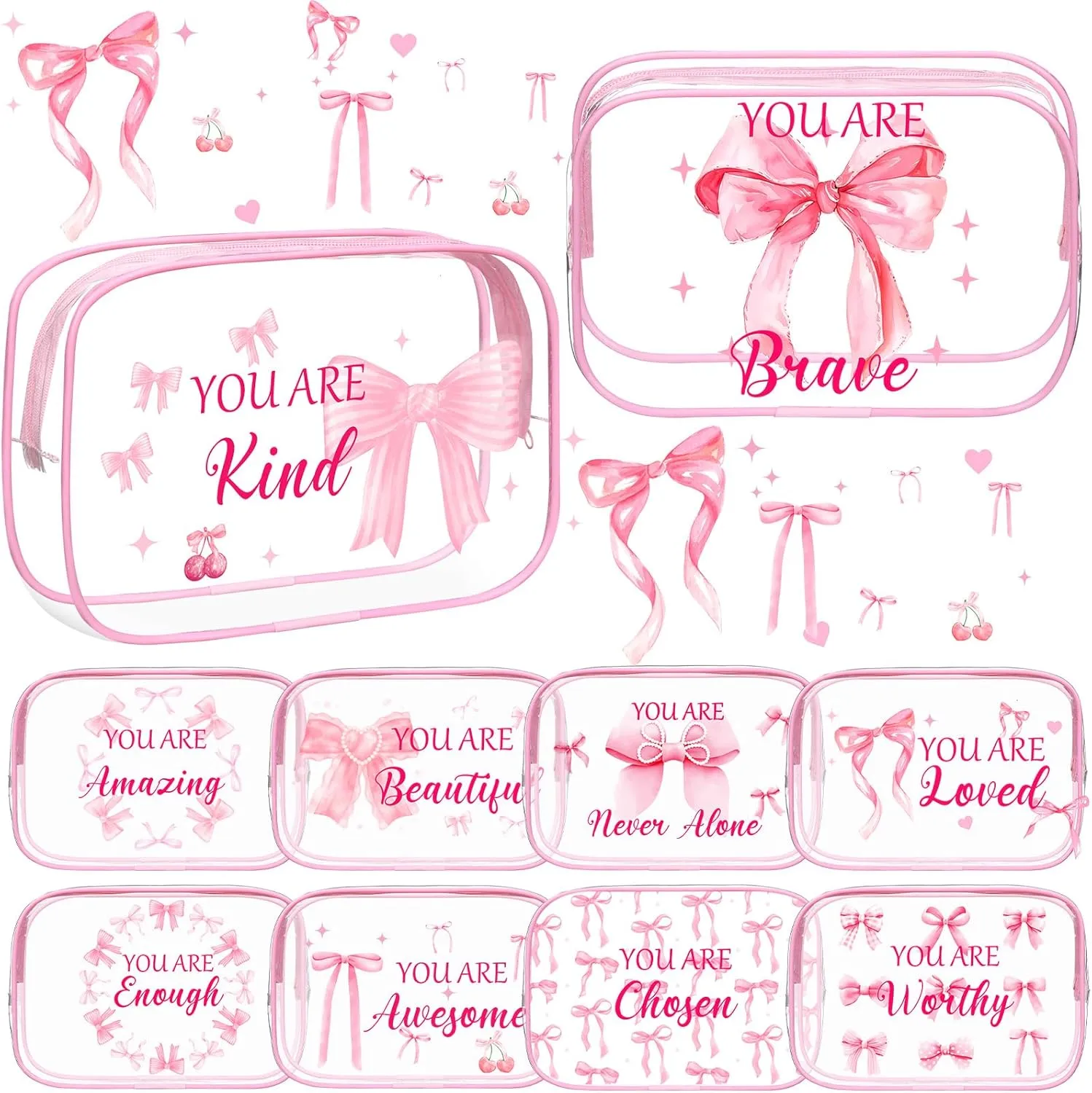 Kacctyen 10 Pcs Clear Pink Bow Makeup Bag 7 x 4.7 x 2.4'' Inspirational Coquette Stuff Cosmetic Bag Bulk Positive Affirmations Pink Bow Toiletry Pouch Waterproof PVC for Girls Women Nurse Team Bestie