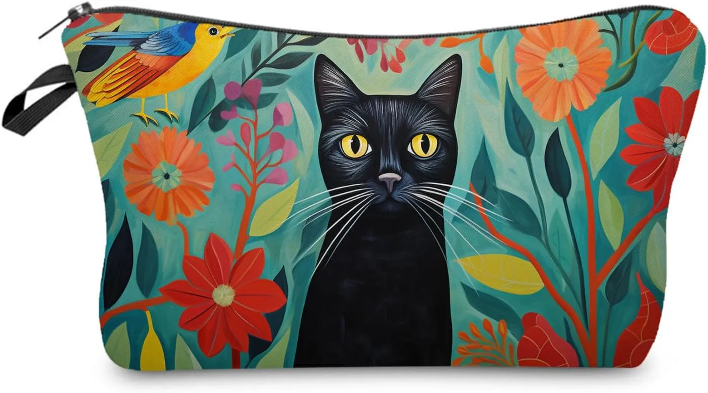 Kitten Gift Black Cat Makeup Bag Cute Small Makeup Organizer Bag Travel Toiletry Zipper Pouch Black Cat Floral Cosmetic Bag Birthday Christmas Gift for Cat Lovers Women